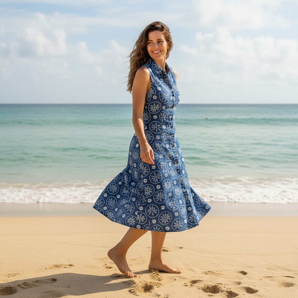 VTG 100% Linen Button Midi Shirt Dress LG Sleeveless Blue Batik Coastal Seashell